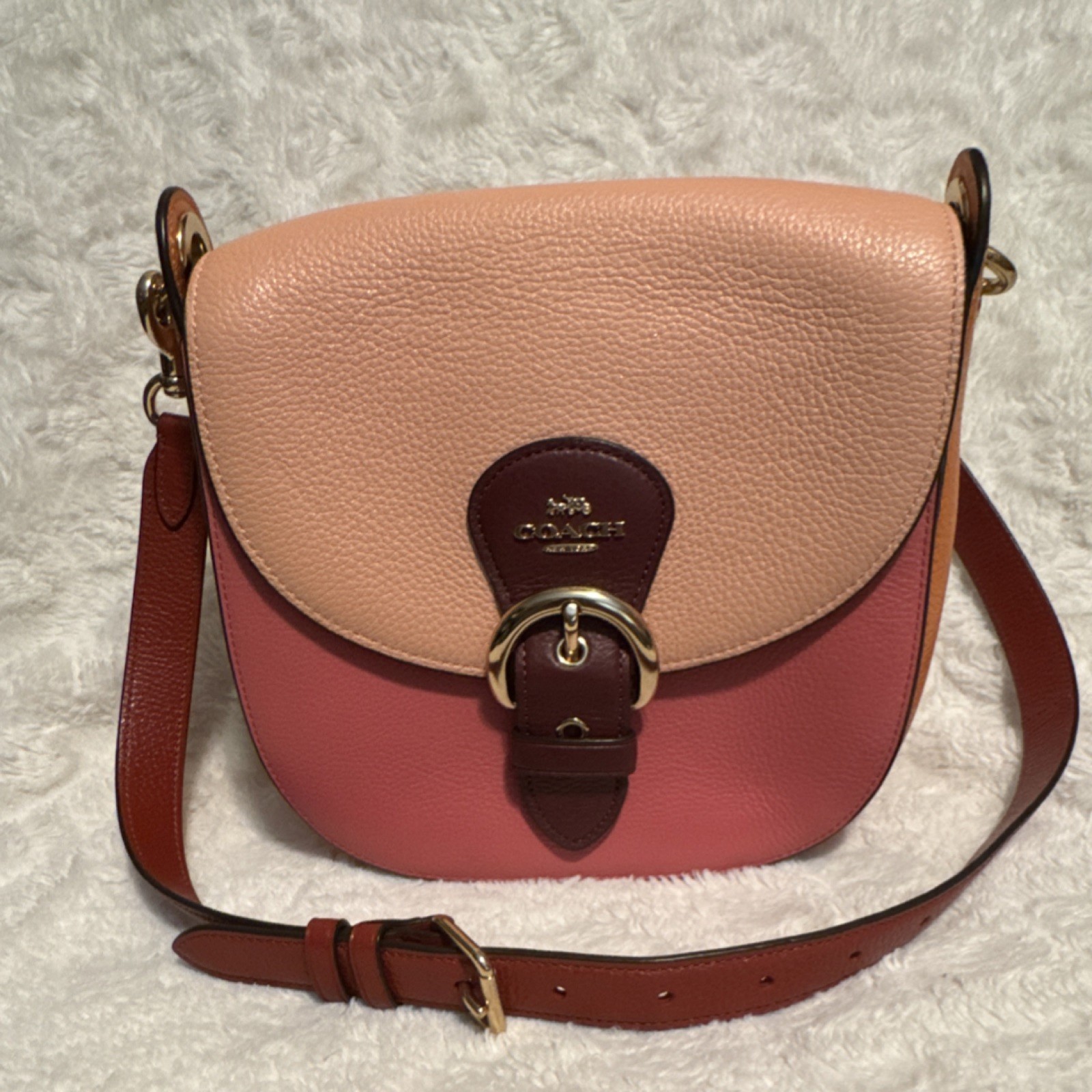 Coach Colorblock Pebbled Shoulder Bag Buckle Accent Zipper Gold Hardware Women