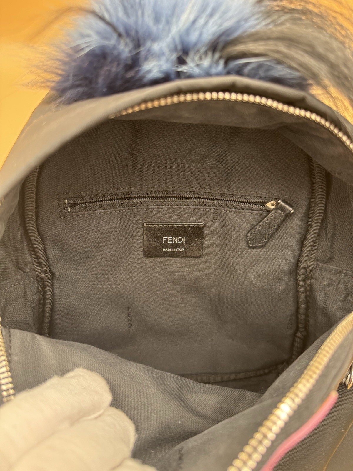 FENDI Bag Bugs Monster Eyes Mini Backpack Black Fur Trim Silver Hardware Zip
