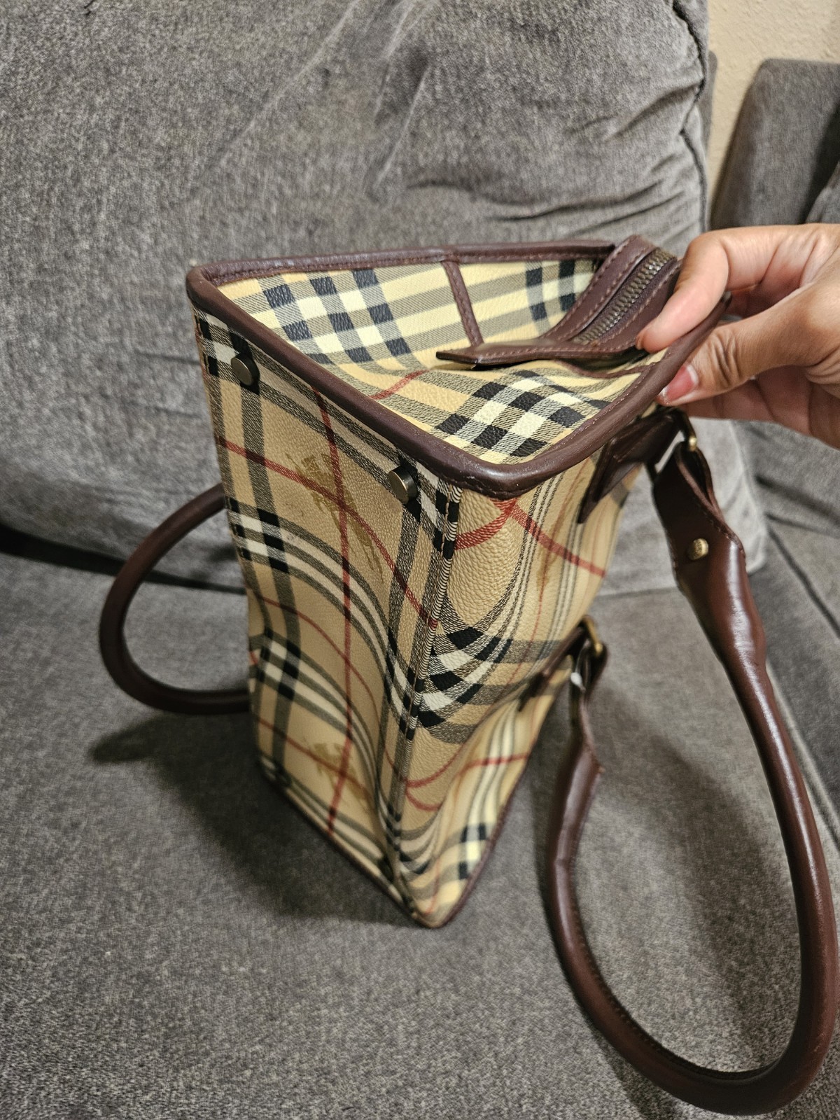 Plaid Zip-Top Satchel Top Handle Bag Double Brown Leather Handles Gold