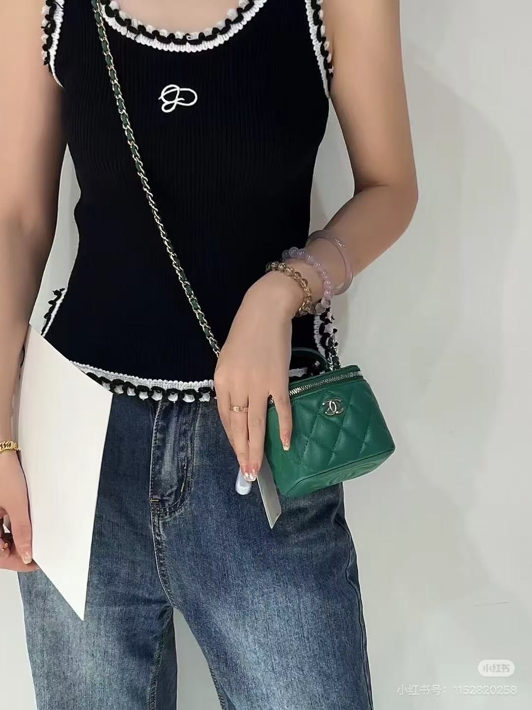 Chanel Mini Vanity Green Lambskin Top Handle Crossbody Light Gold Hardware Auth
