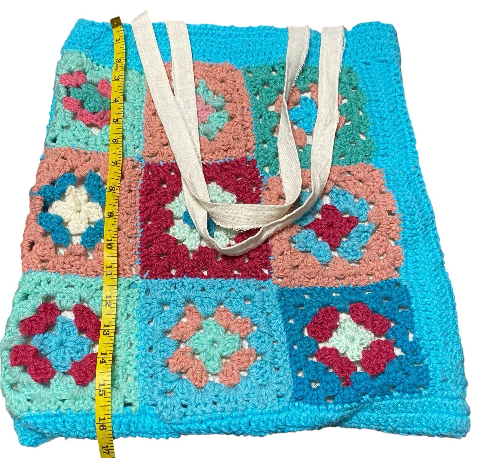 NWOT Crochet Granny Square Tote Shoulder Bag Flower Blue Green Pink Muslin Lined