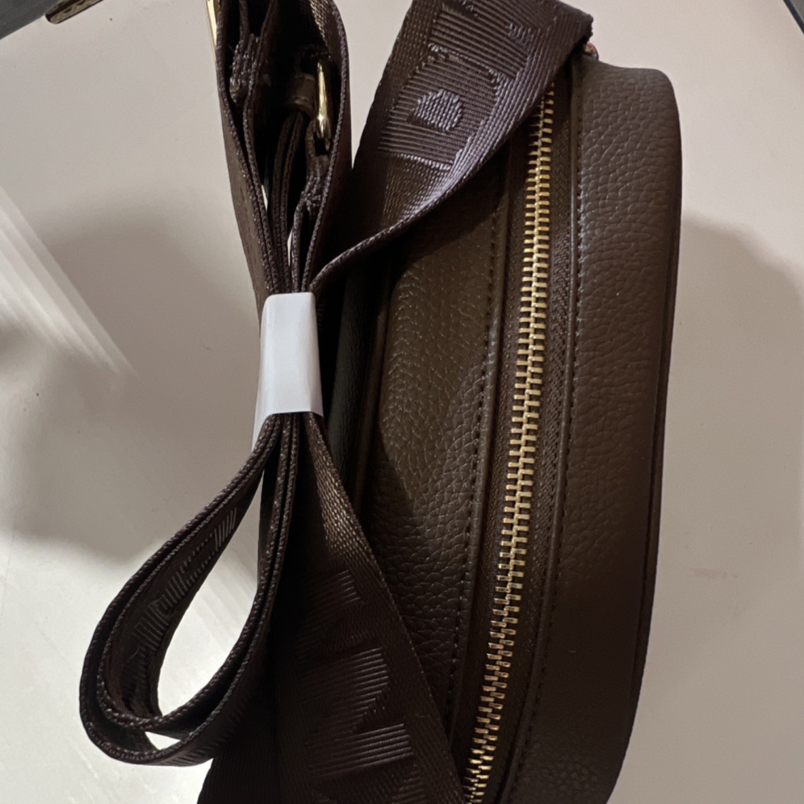 DKNY Chocolate Logo Shoulder Bag Gold Hardware Pebbled Finish Women