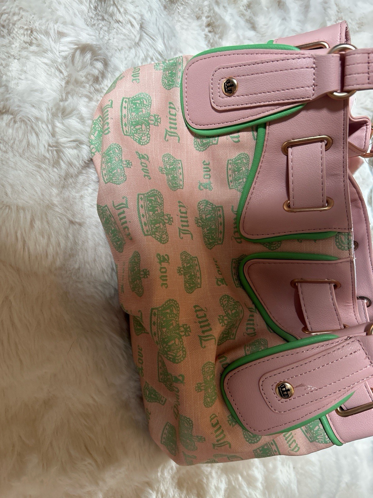 Juicy Couture Pink Green Satchel Bow Charm Crown Print Logo Gold-Tone Hardware
