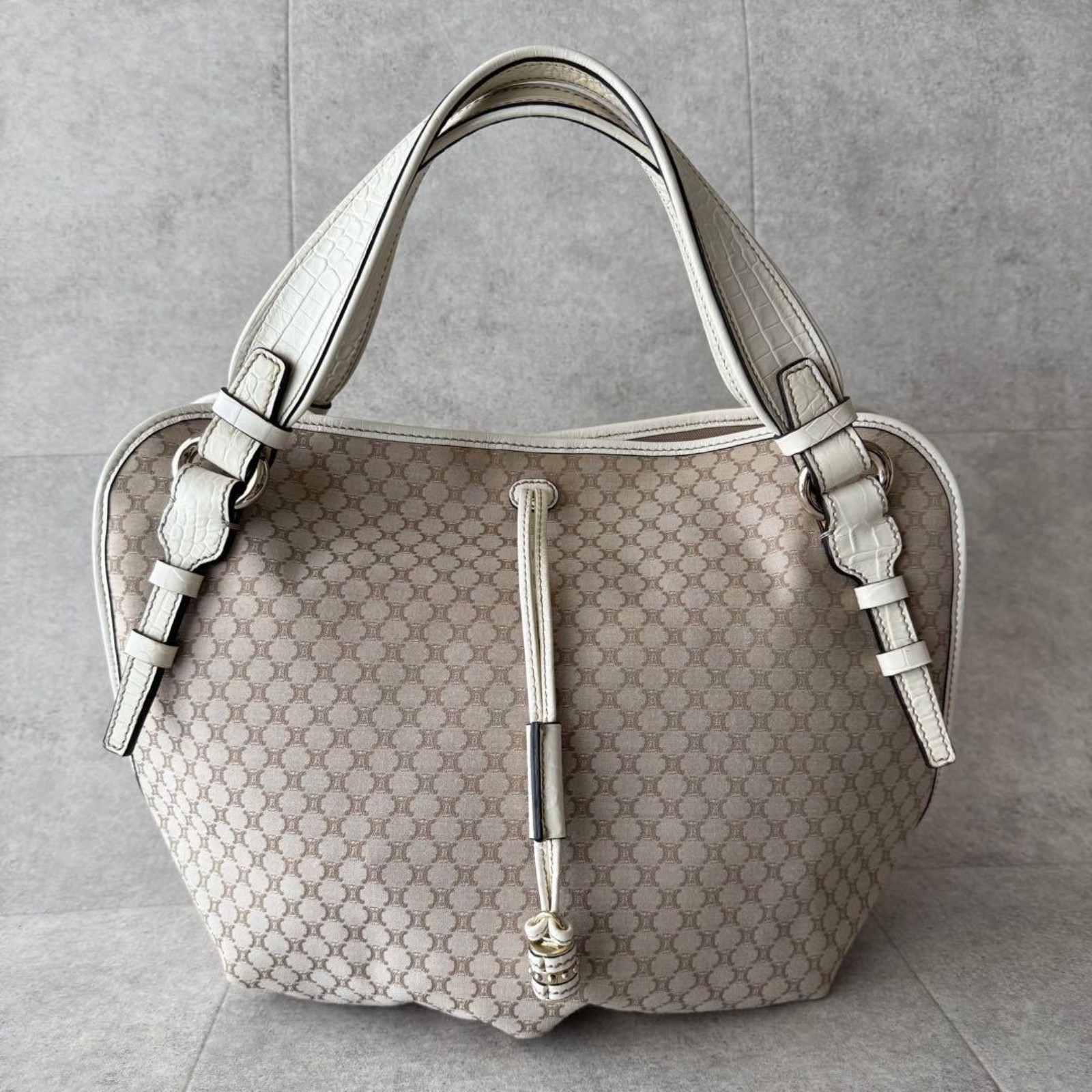 CELINE Bittersweet Tote Bag Macadam Canvas Croc Embossed Leather Ivory Beige