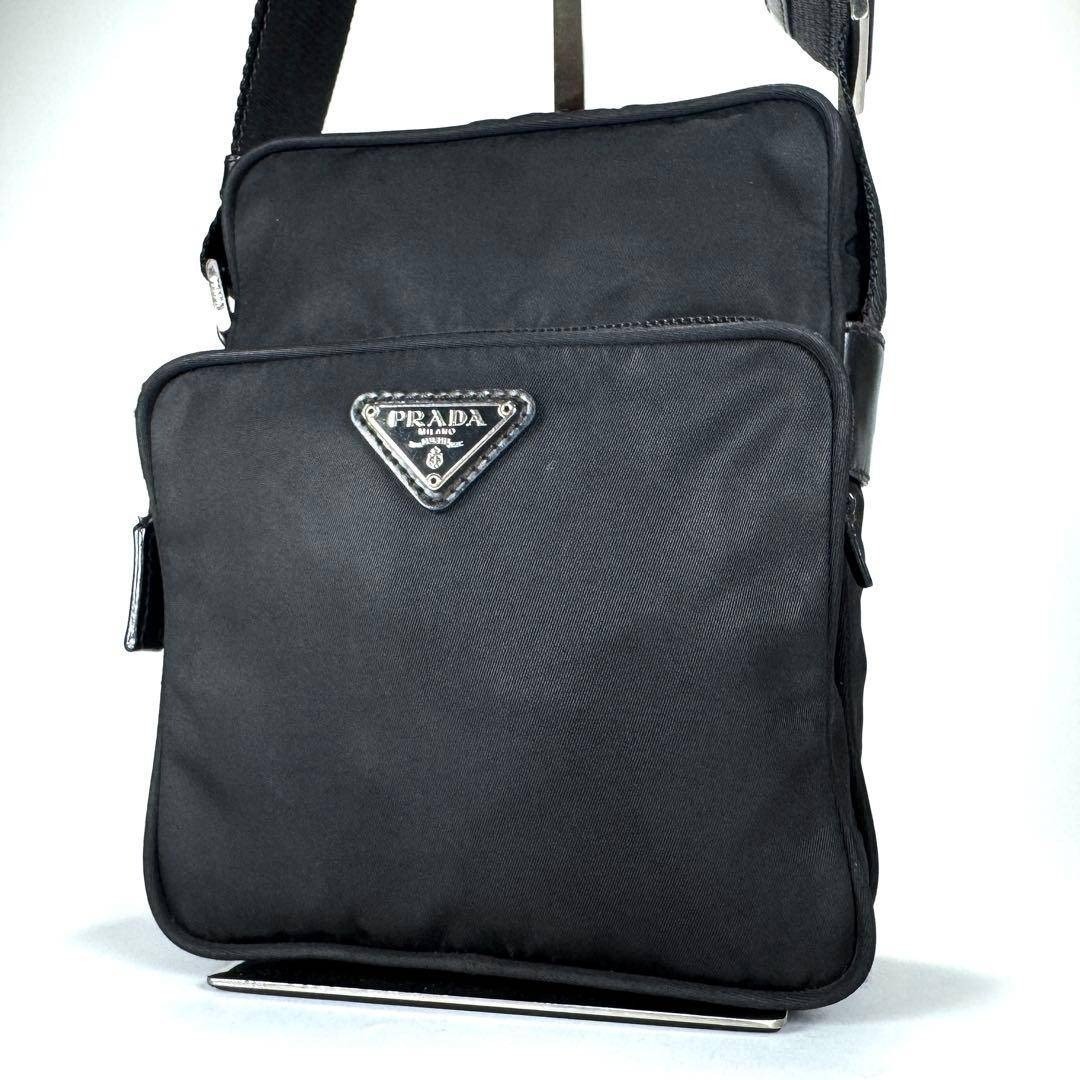 PRADA Amazon Nylon Triangle Logo Crossbody Shoulder Bag Size: W:7.9 × H:5.9 in.