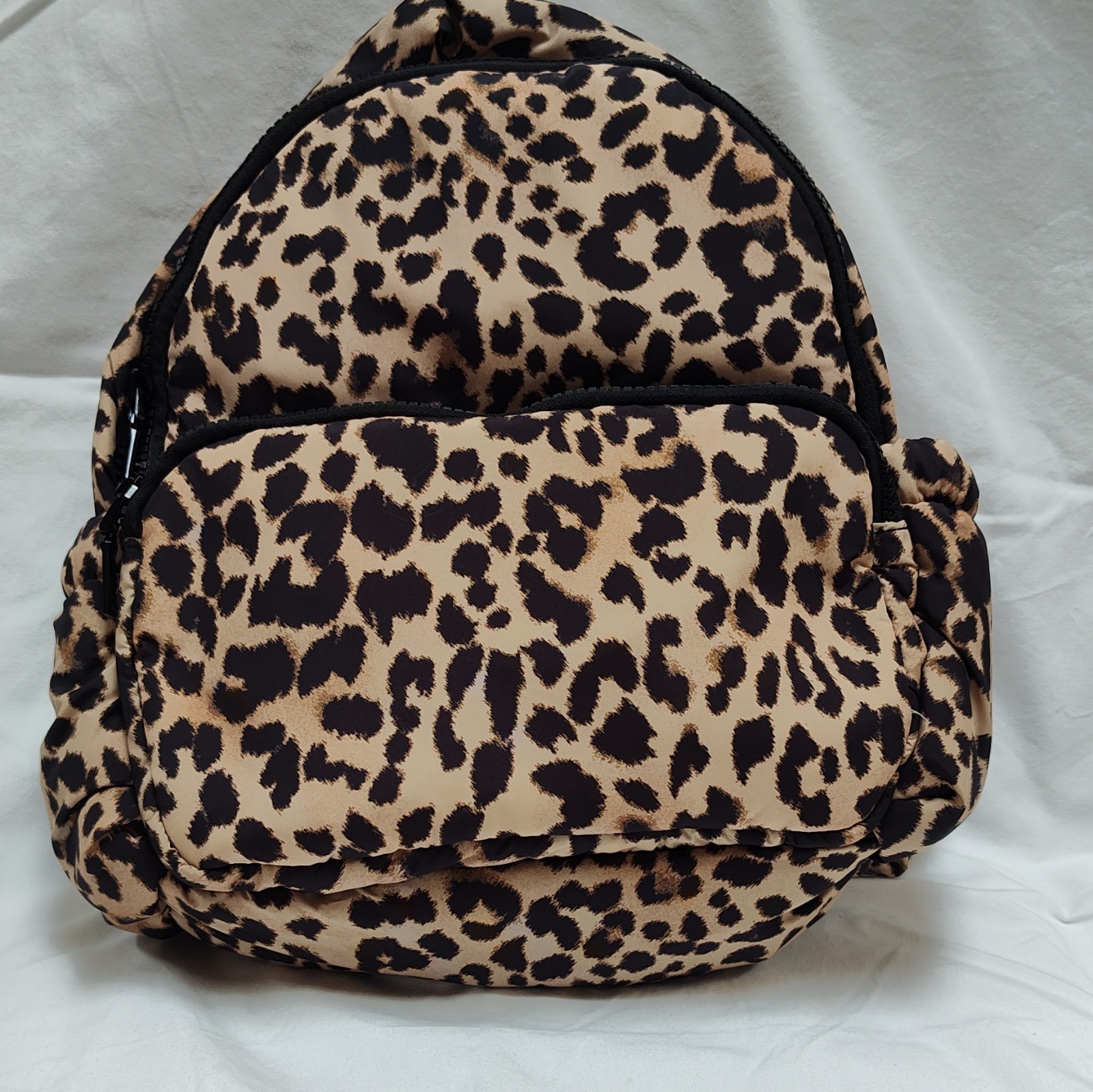 Leopard Animal Print Small Mini Backpack Tan/Black Zip Pockets Adjustable Straps