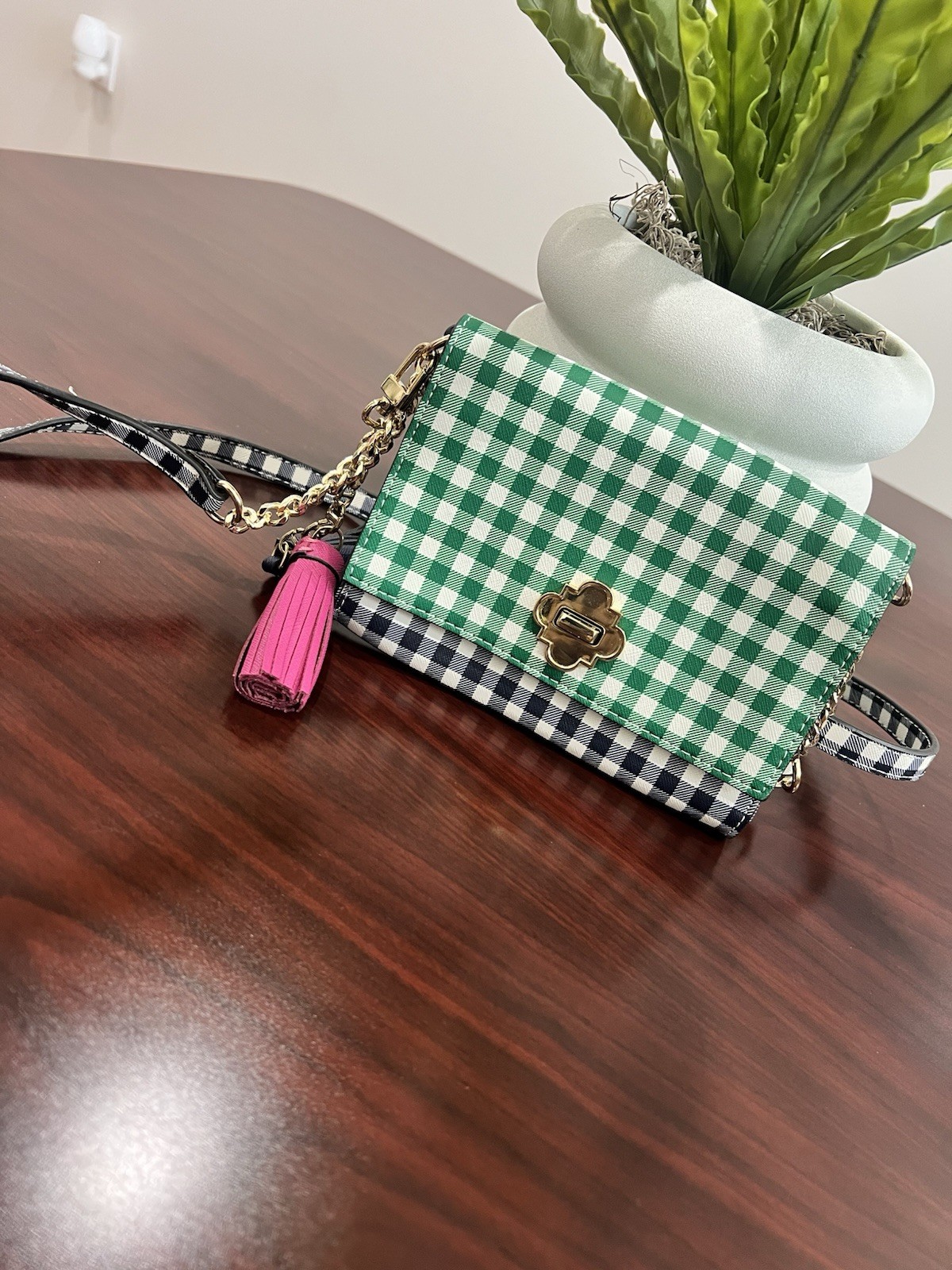 Green/White/Blue Gingham Small Crossbody Bag Crown & Ivy