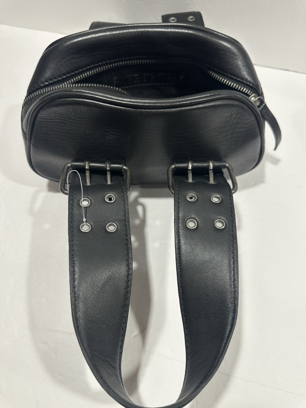 Free People Say Yes Bag Tote Handbag / Small Oval Black Leather Buckles Zipper