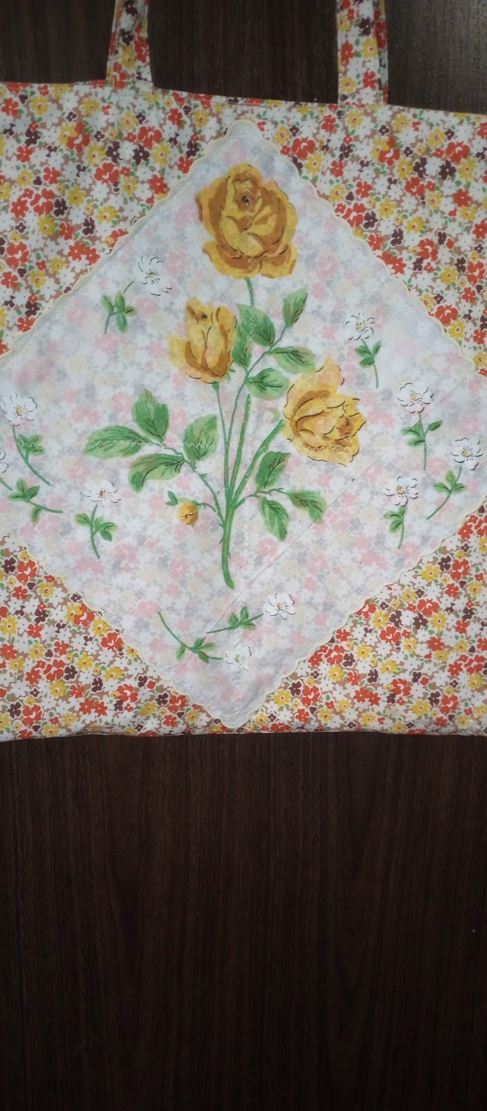 Yellow Roses Vintage Hankie Tote Handmade, Lined, Double Straps, Retro Style
