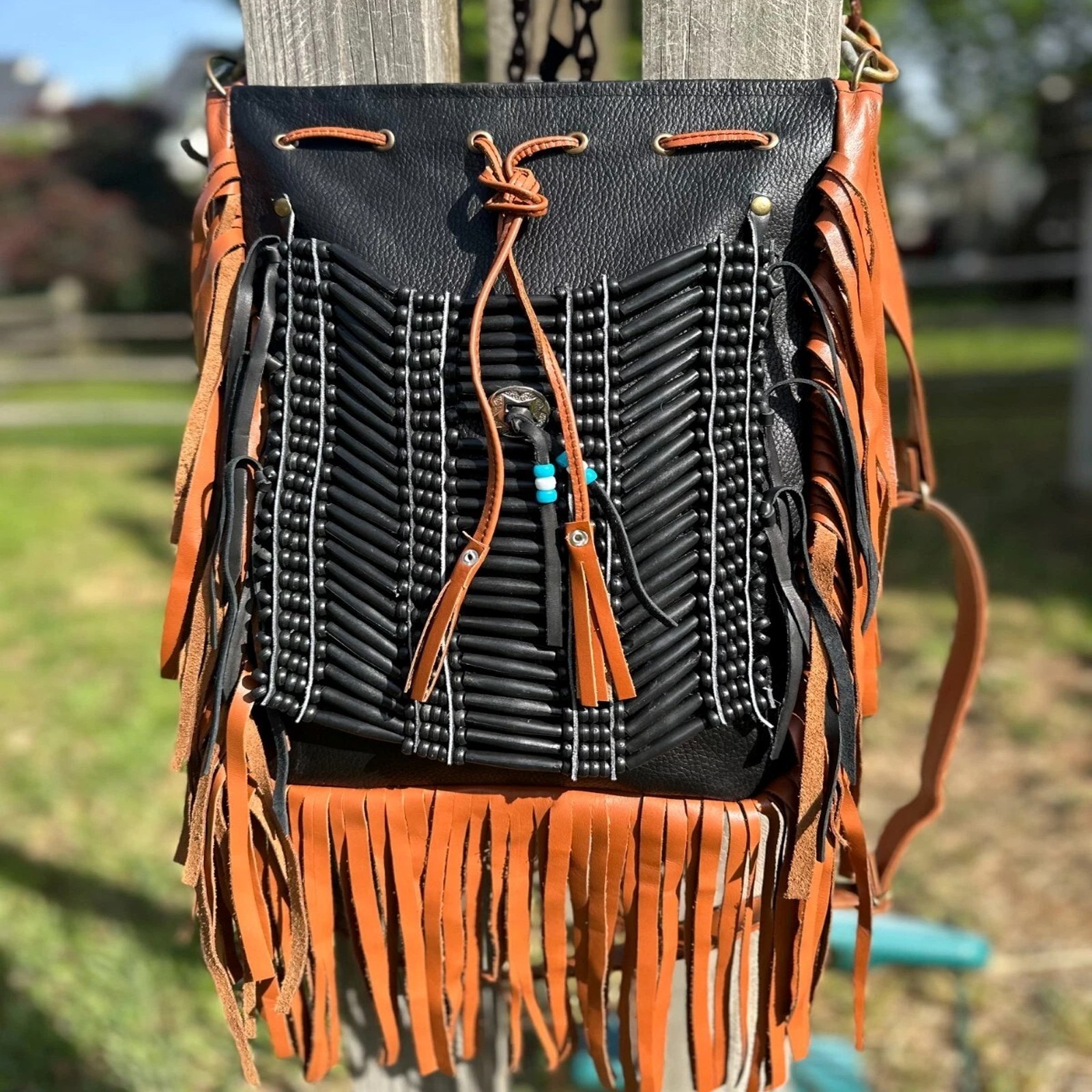Leather Fringe Crossbody Bag Black & Brown Western Boho Beaded Hippie Handbag