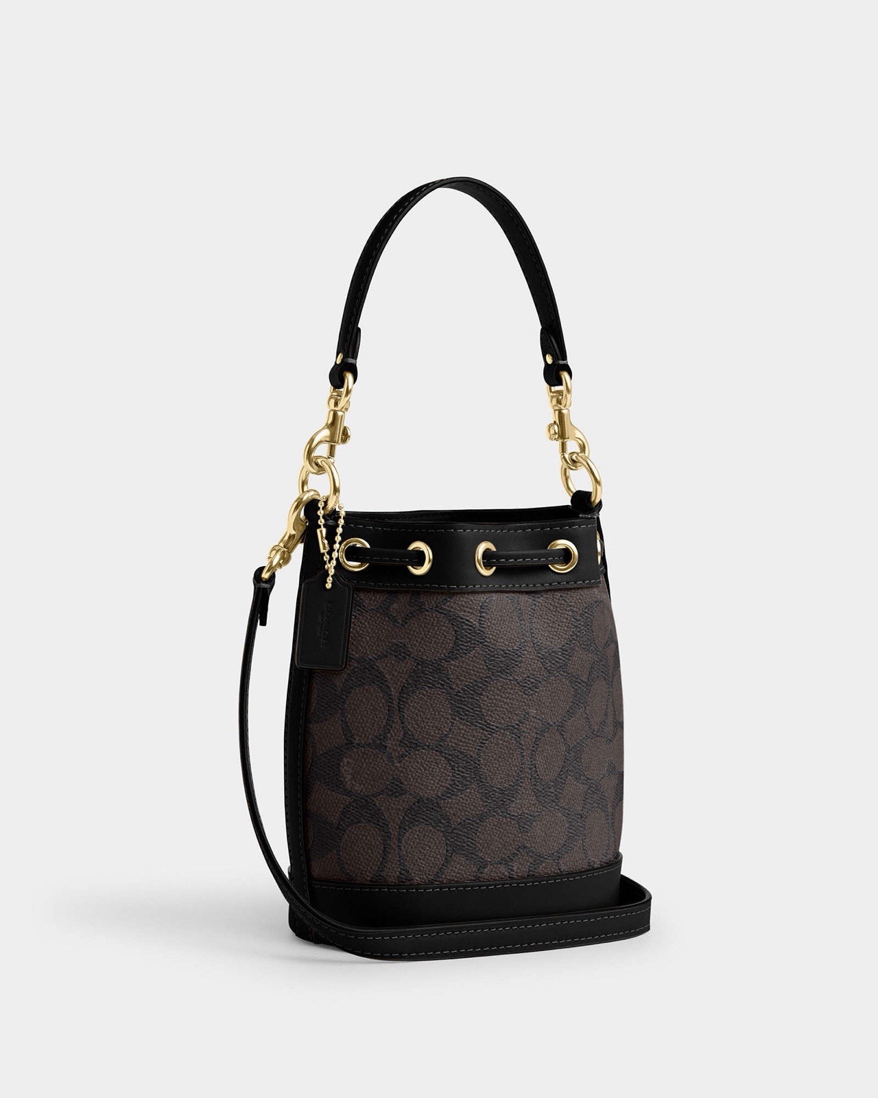 $298 Coach Mini Bucket Walnut/Black Leather Drawstring Bag In Signature Canvas