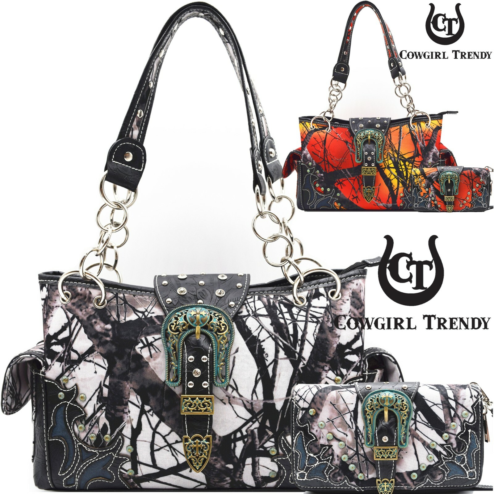 Camouflage Buckle Studs Women Handbags Concealed Carry Purse Shoulder Bag Wallet