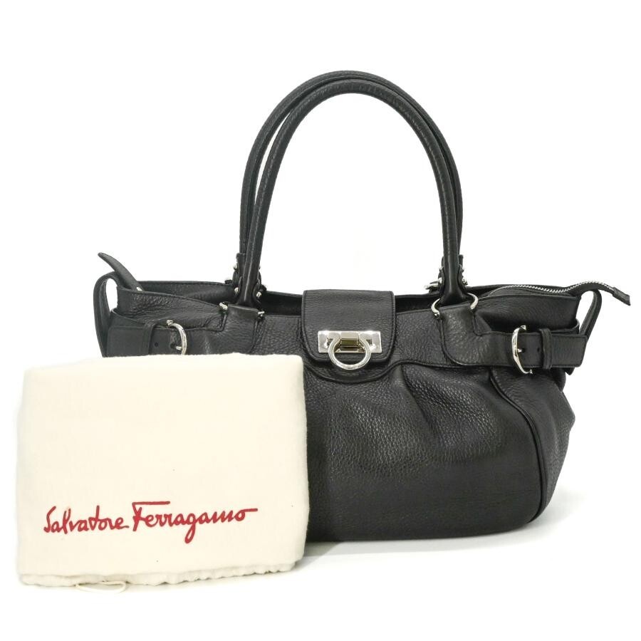 Salvatore Ferragamo Gancini Black Leather Turn Lock Handbag Silver Hardware