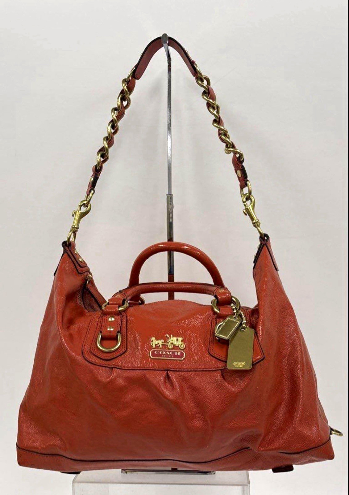 COACH Orange Pebbled Satchel Top Handle Bag Zip Chain Strap Hang Tag