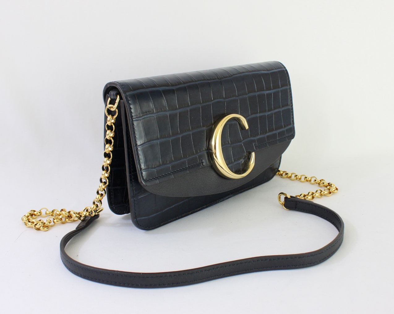 Chloé Auth C Navy Blue Croc Embossed Leather Shoulder Bag Handbag