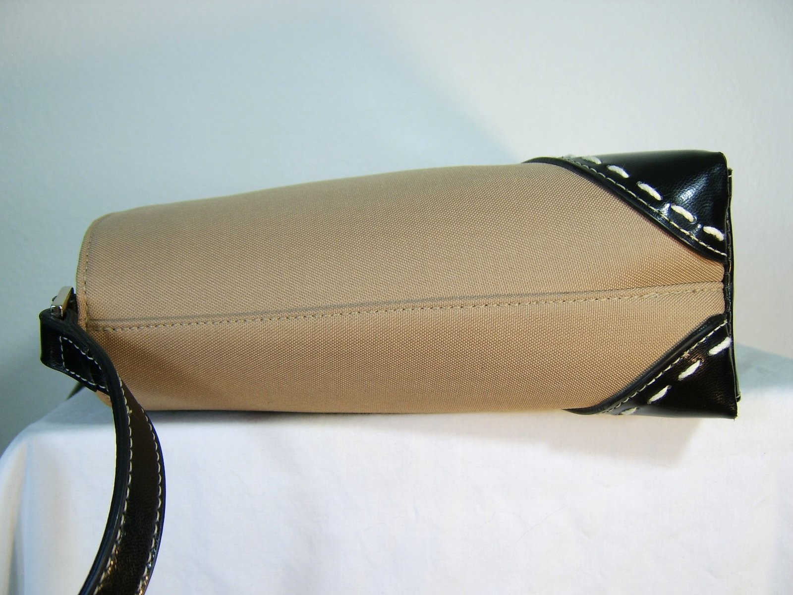 Kate Spade Brown Leather Tan Beige Textile Satchel Bag Purse Silver Zipper Strap