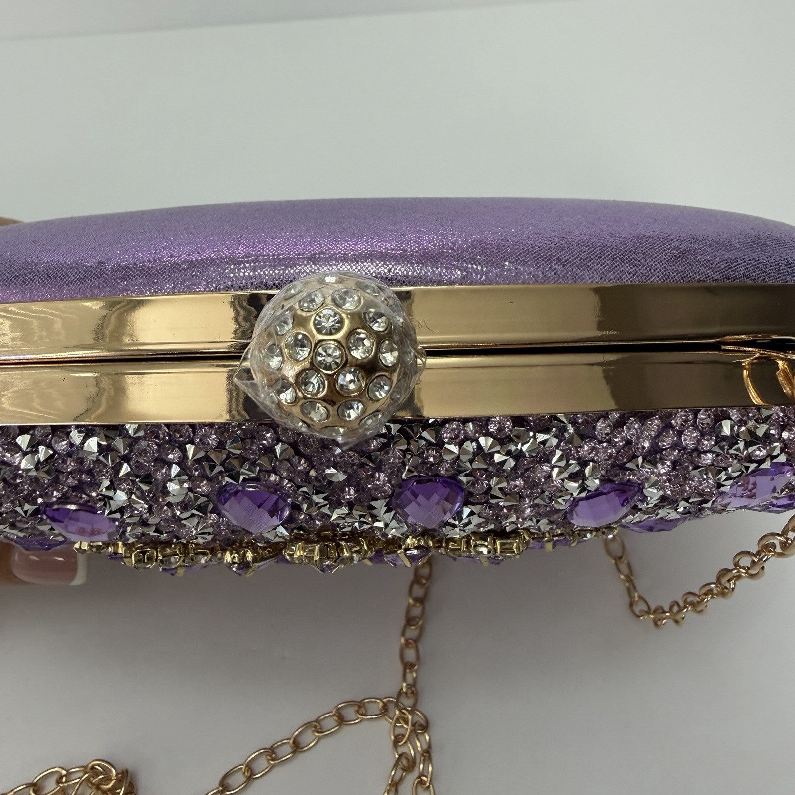 Purple Crystal Oval Clutch Chain Strap Gold Hardware Kiss Lock Beaded Accent