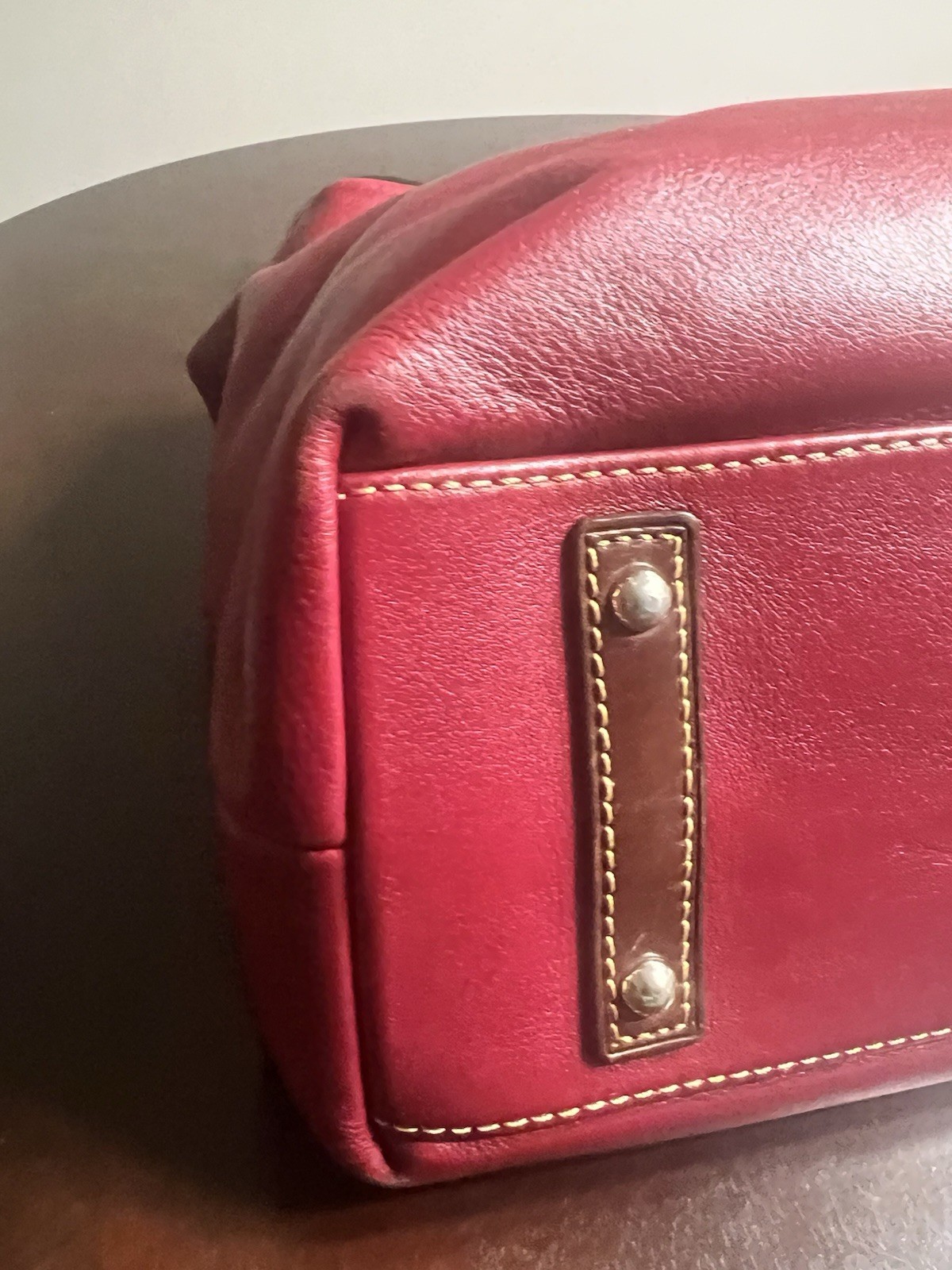 Dooney & Bourke Red Solid Shoulder Bag Brown Strap Gold Hardware Logo Stitching