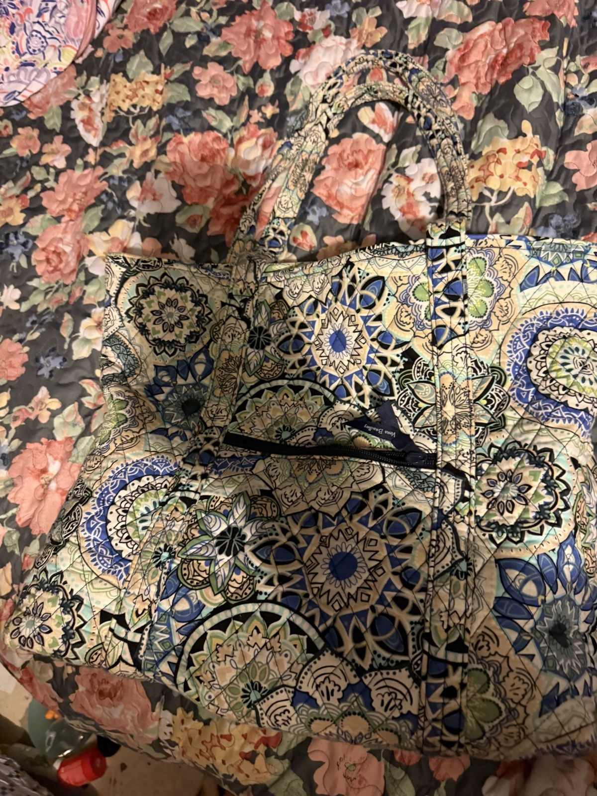 Vera Bradley Floral Tote Bag Multicolor Zip Closure Double Handles Silver HW