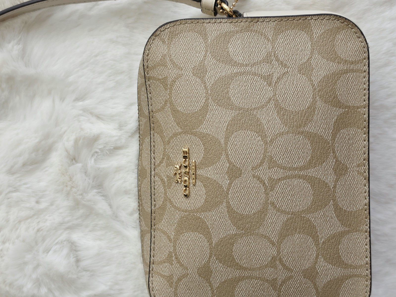 Coach Jamie White Khaki Brown Leather Signature Camera Bag Crossbody Gold HW