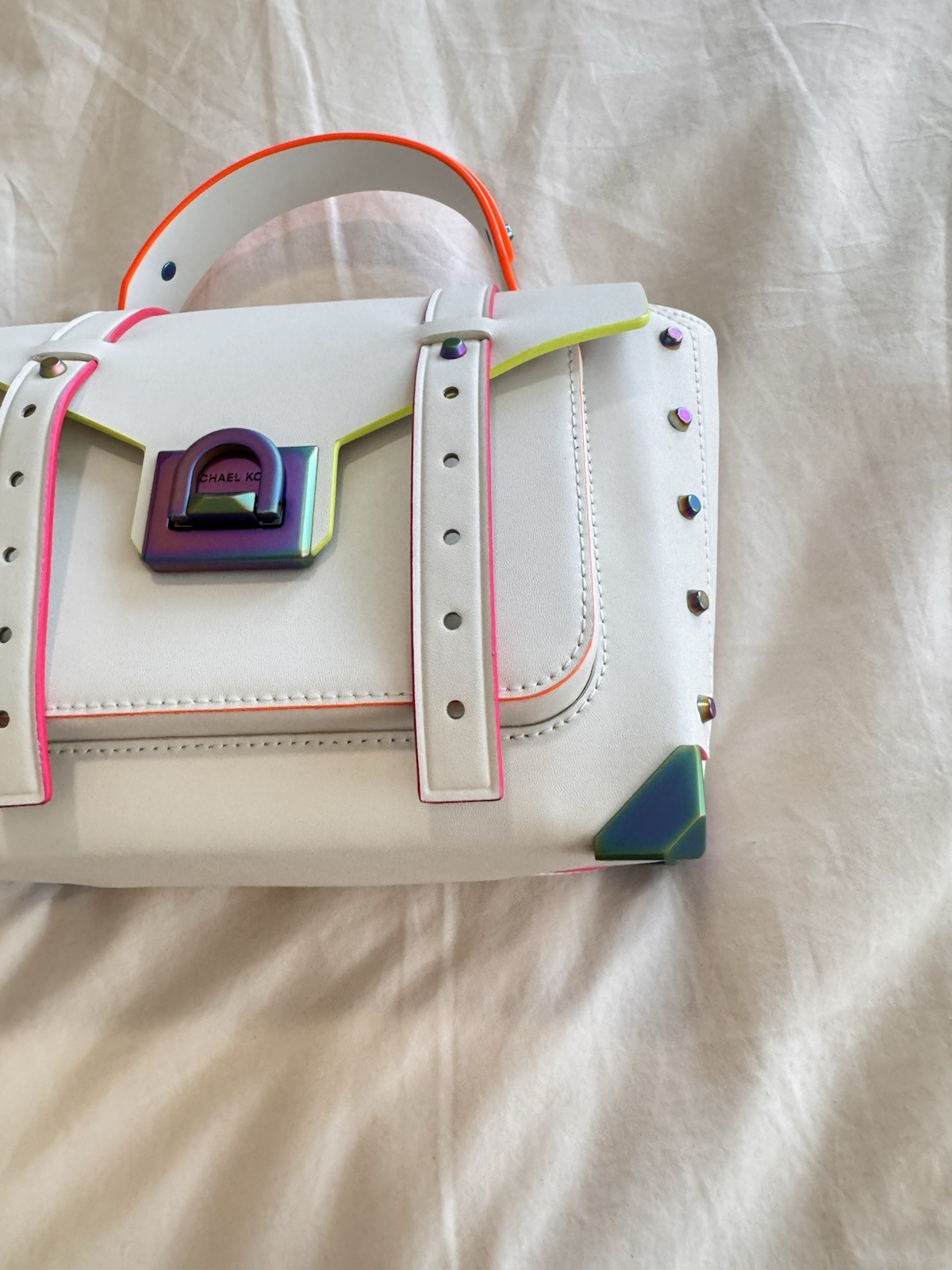 Michael Kors Manhattan Satchel Optic White Rainbow Stud Leather Bag