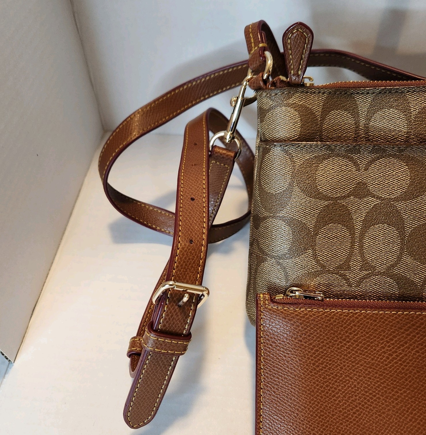 COACH F52657 F52619 Signature East West Pop Crossbody Bag Khaki Saddle Brown Set