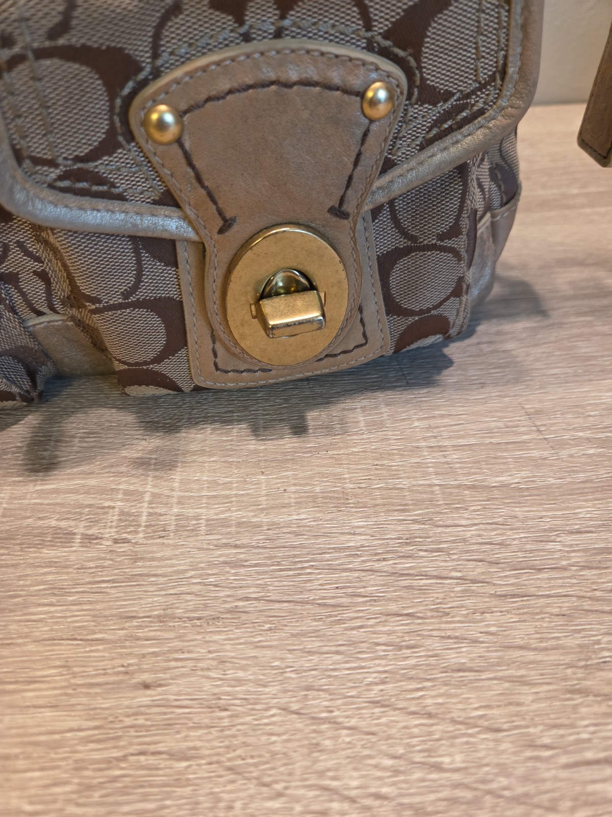 Coach Legacy Double Turnlock Tan Signature C Bag Metallic Gold Y2K # F12869