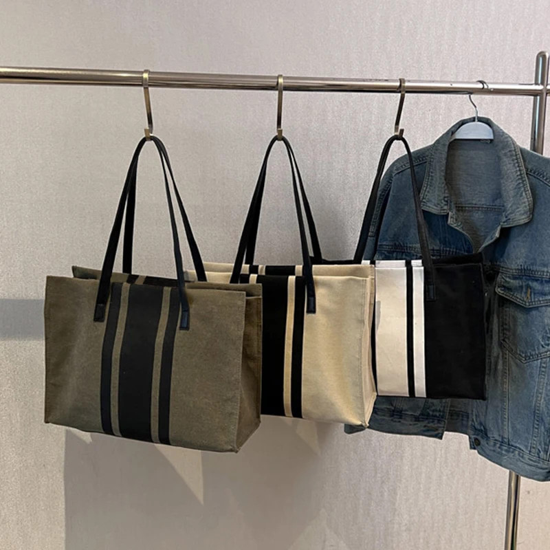 Minimalist Stripe Shoulder Bag Large Canvas Handbag for Travel Camping Portable