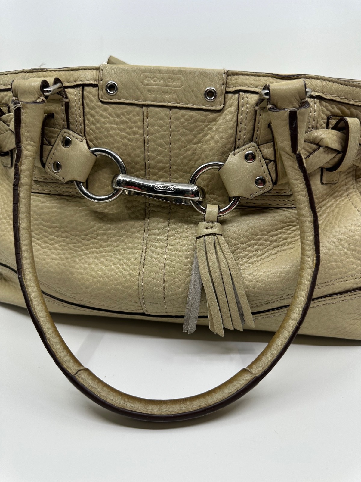 Coach Hampton F13084 Cream Pebbled Leather Braided Carryall Satchel Bag