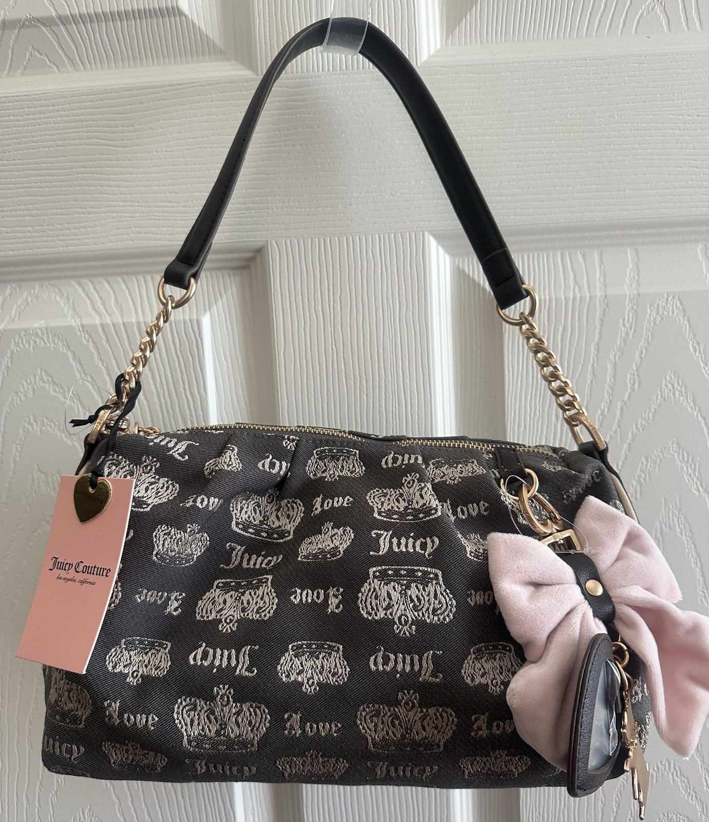 Juicy Couture Satchel Bag Fan Club Crown Logo Pattern Brown Pink Charm Bow New