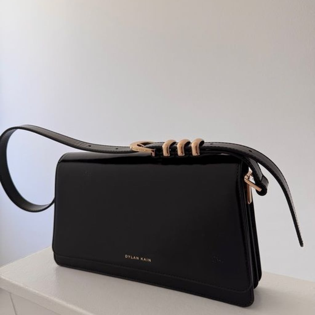 Dylan Kain Black Patent Leather Shoulder Bag Gold Hardware Structured Handbag