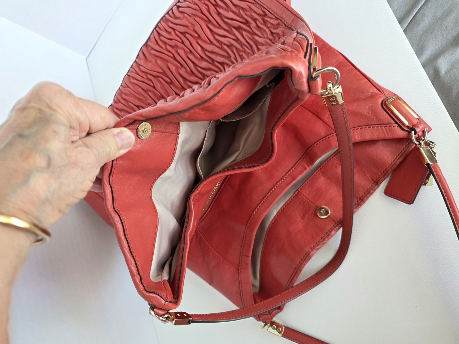 COACH 25260 Madison Phoebe Red Large Ruched Shoulder Bag Gold Hardware Charm EUC