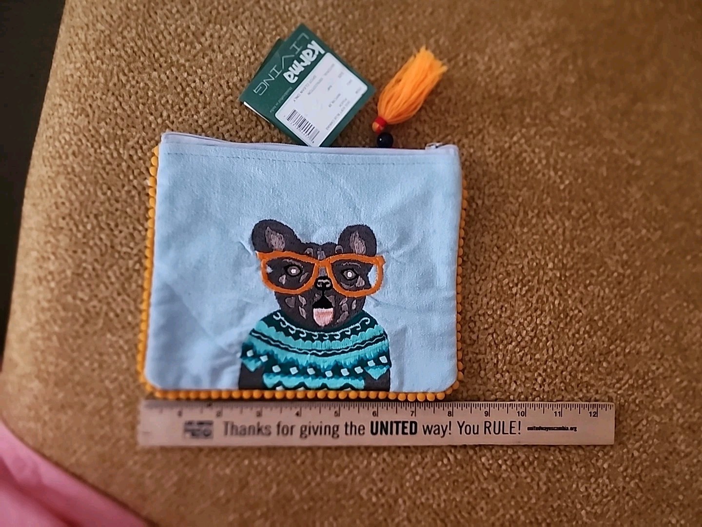 Karma Living Embroidered Pouch 7.5 x 6.5 Inch Boho Dog With Sweater Tassel Zip