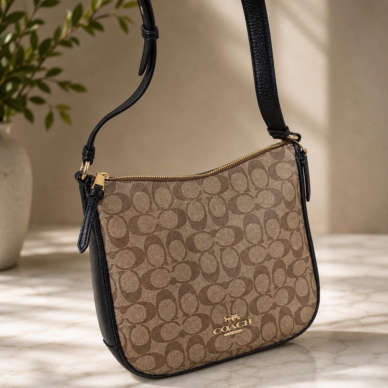 Coach Signature File Crossbody Bag Khaki Black Canvas Leather Zip NWOT
