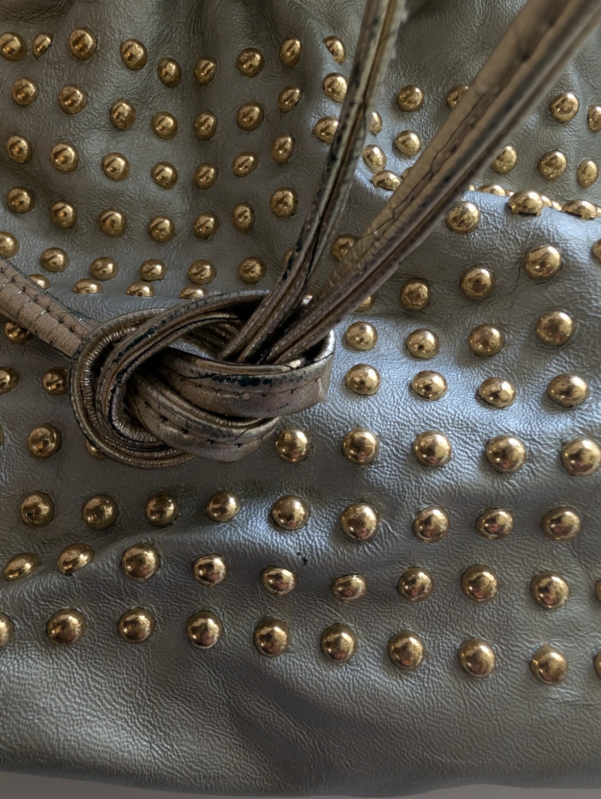 DAWLI Metallic Silver Studded Bucket Drawstring Bag Small Crossbody Strap Gold