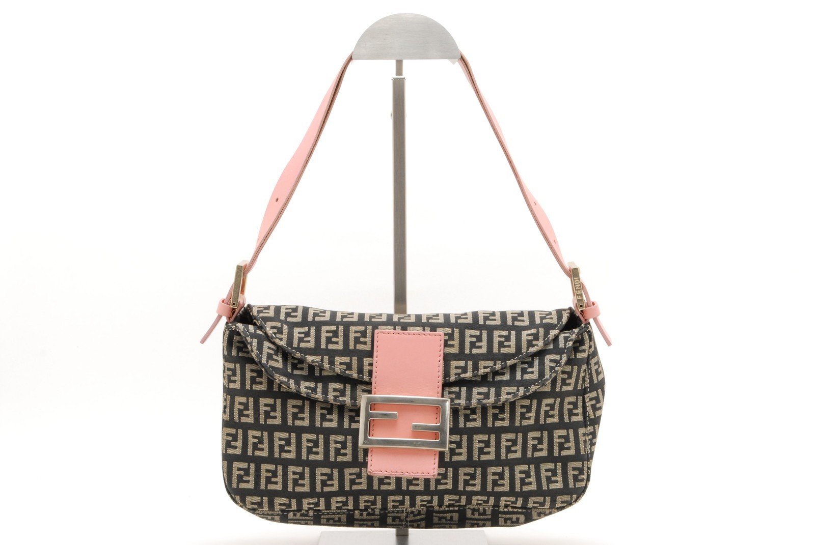 FENDI Zucchino Shoulder Bag Black Pink Canvas