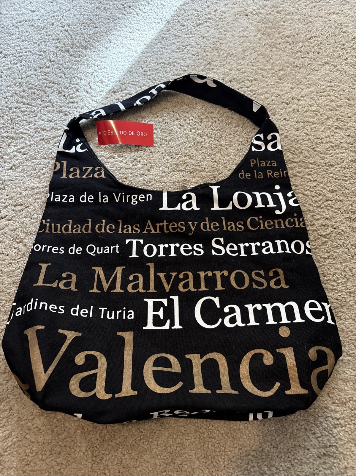 NWT Valencia Spain Themed Zip Up Tote Bag Travel Canvas Black Approx 17 x 13 x 6