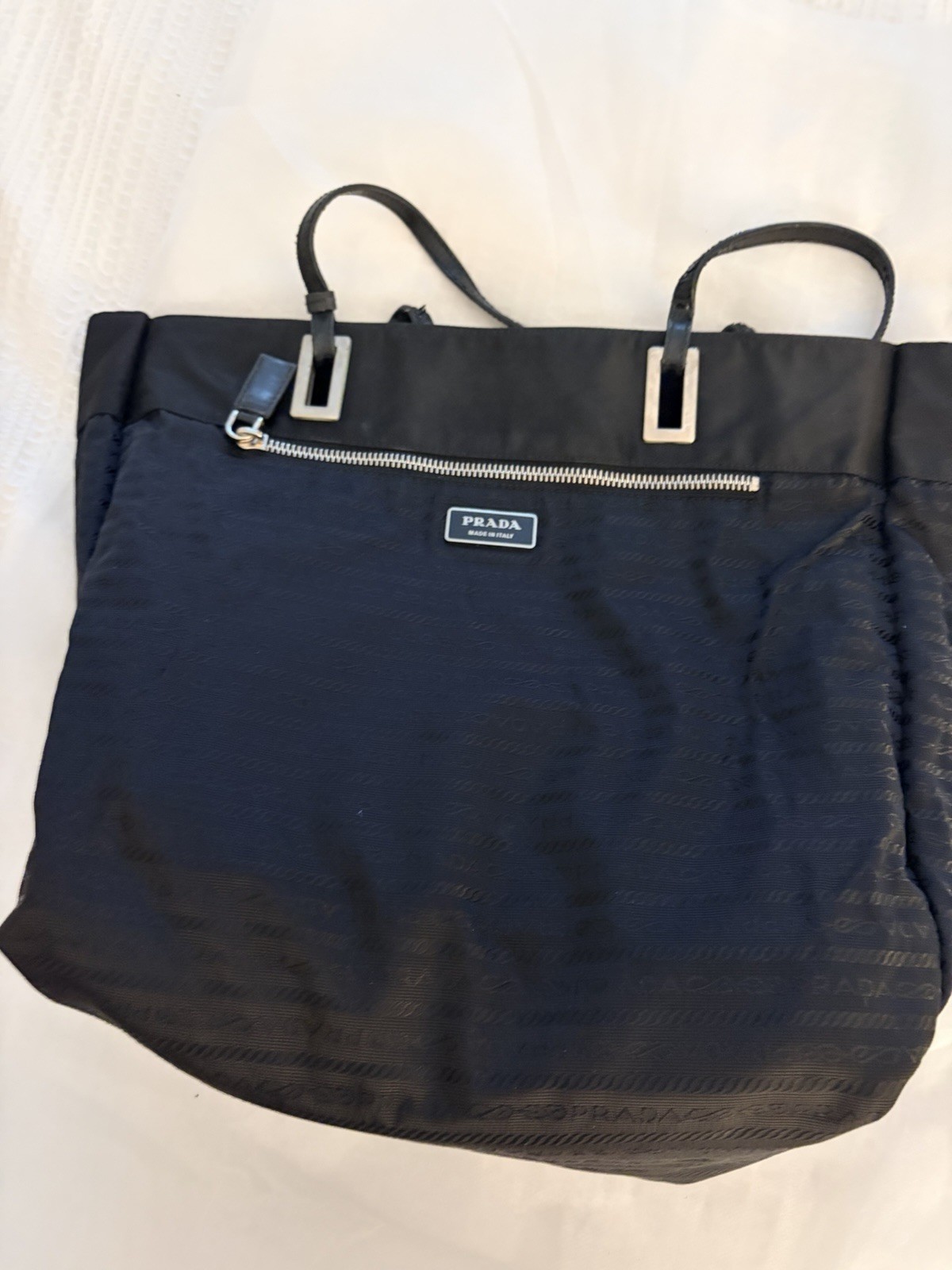 PRADA Black Jacquard Tote Bag Silver Hardware Leather Double Handles Zip Pockets