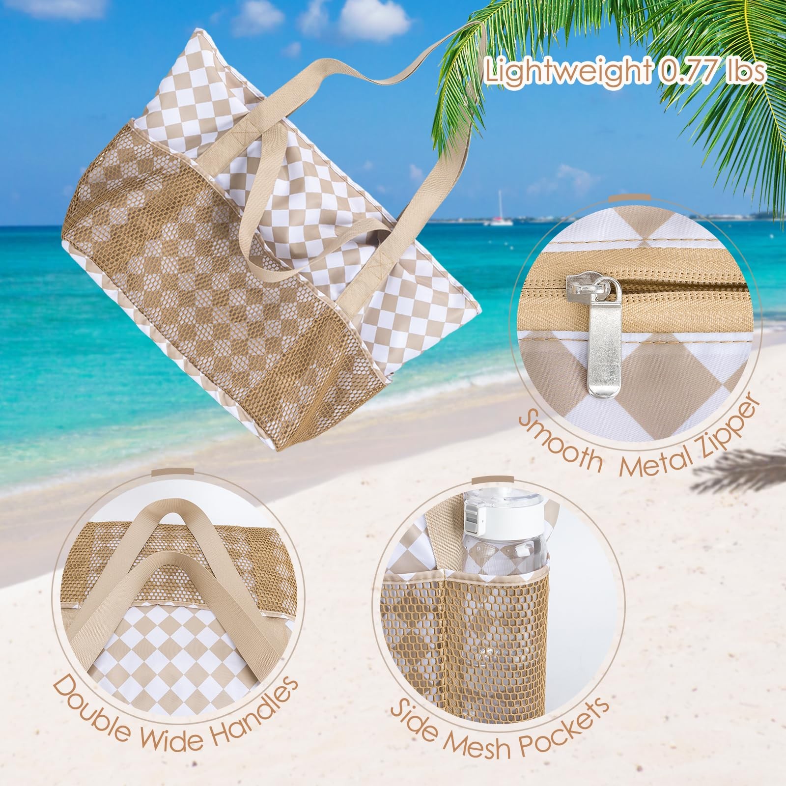 Large Beach Bag Waterproof Sandproof Tote Bag for Women with Zipper & Mesh Po…