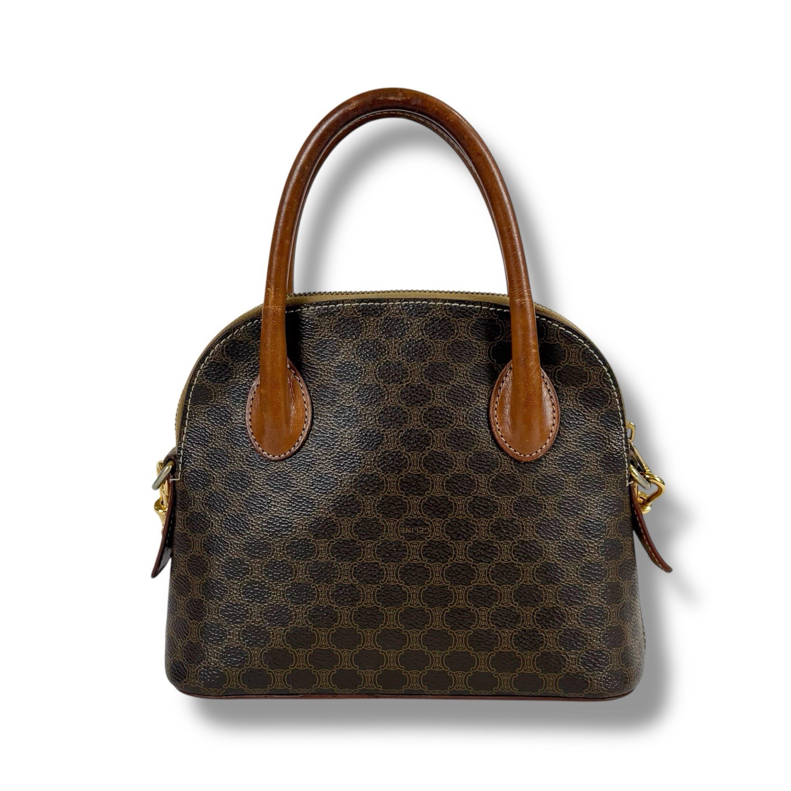 CELINE Triomphe Crossbody Bag Mini Tan Canvas Leather Macadam Brown Authentic