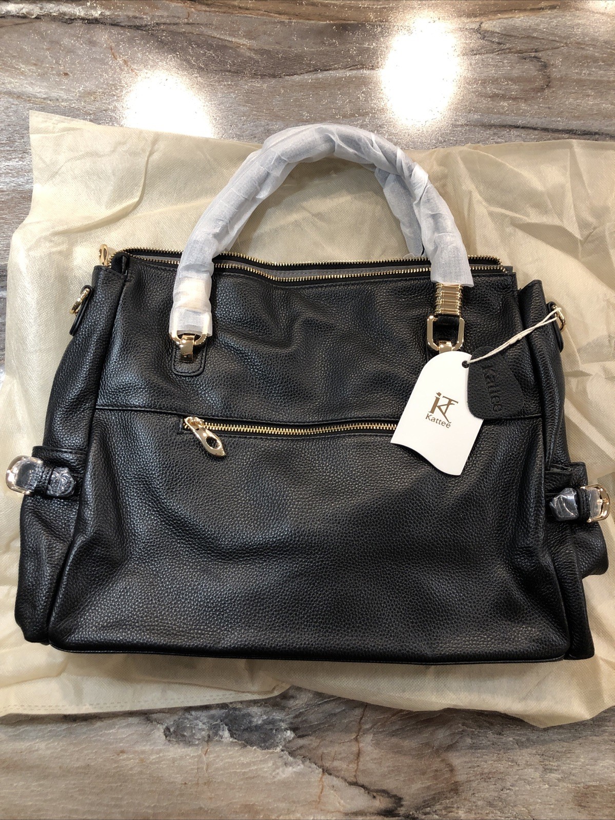 Kattee Elite Series Imported Black Pebbled Leather Handbag Purse New With Tags