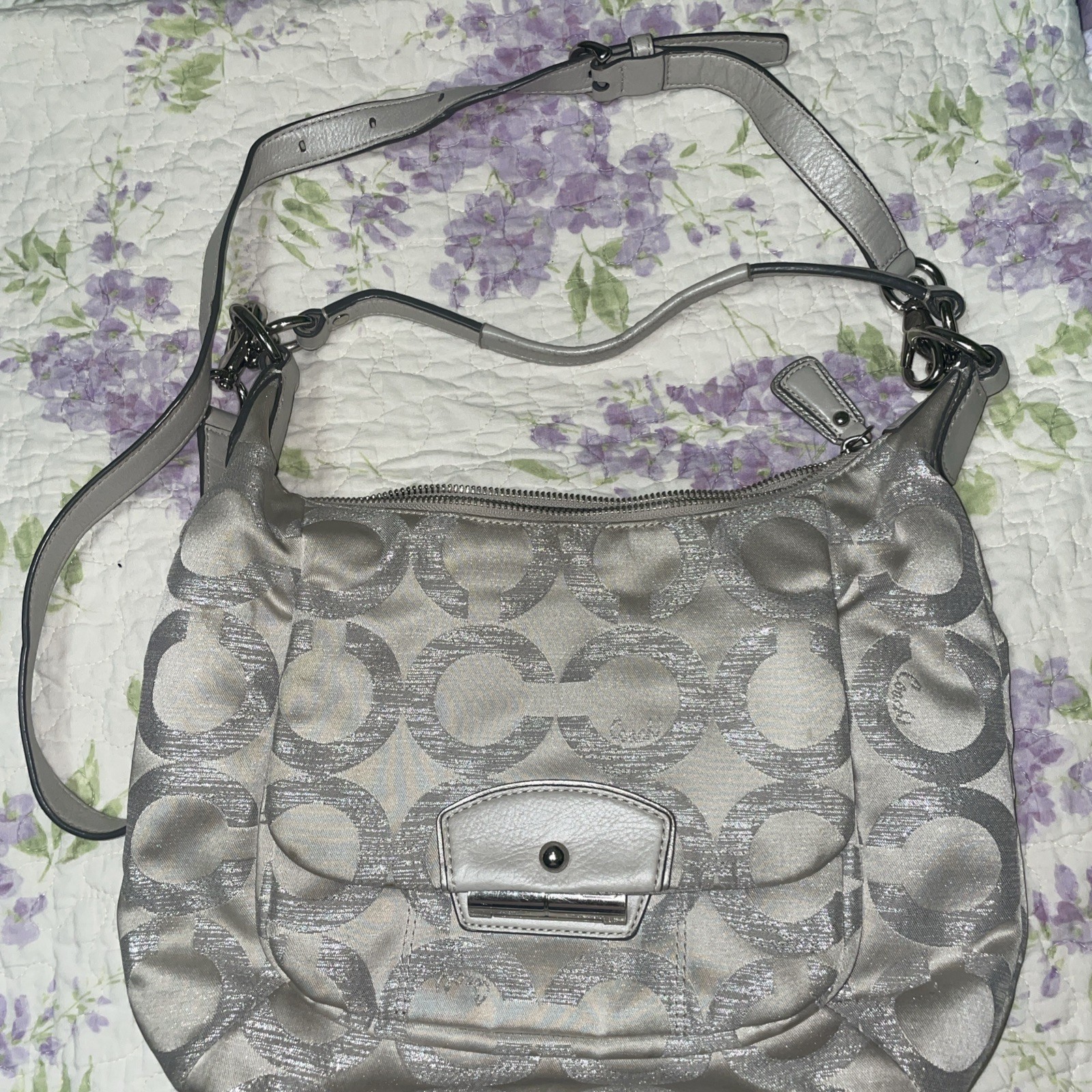 Coach Kristin 19937 Op Art Logo Hobo Bag Purse Silver Gray Shoulder/Handbag