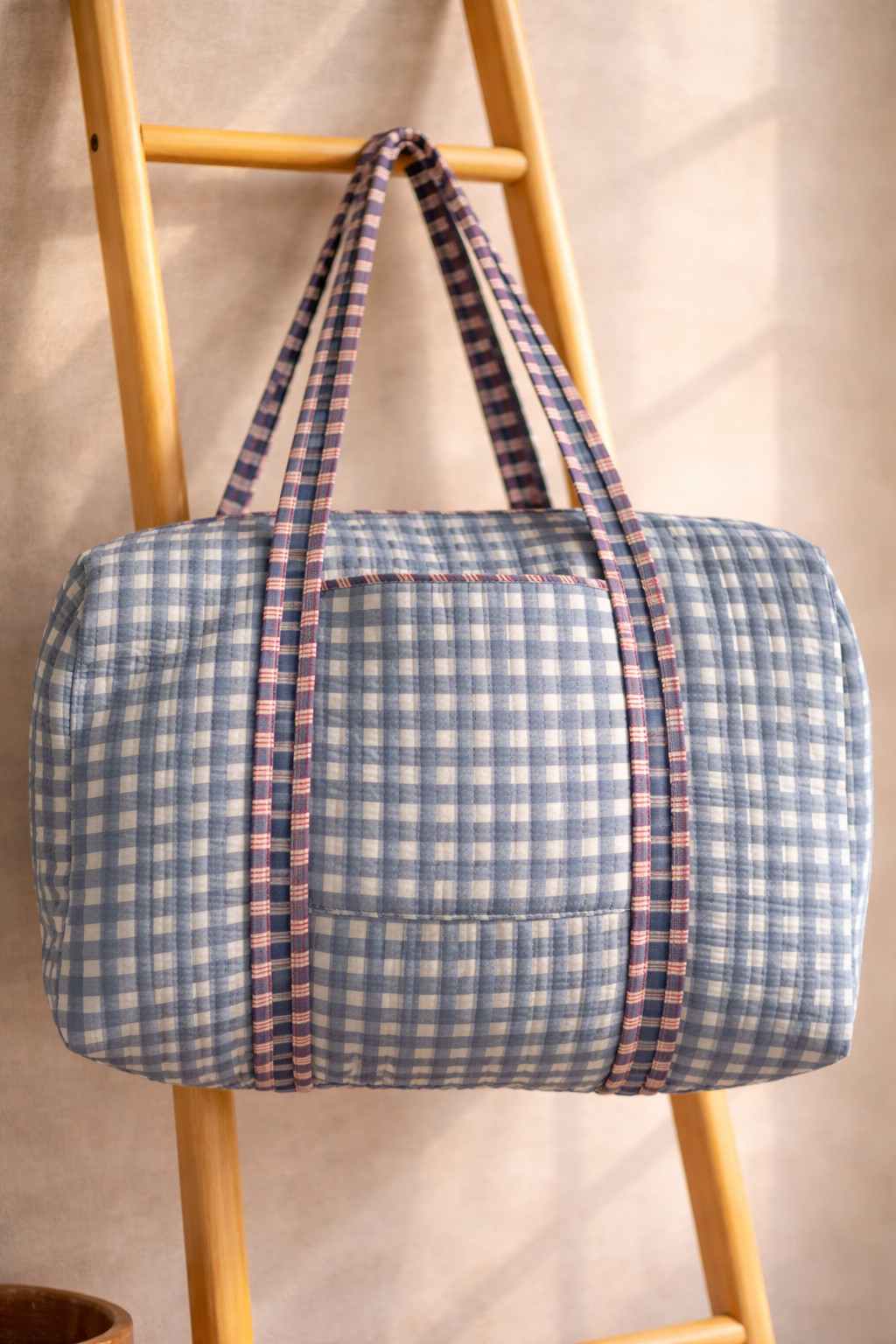 Blue Gingham Quilted Duffel Bag, Cottagecore Weekender Tote Bag