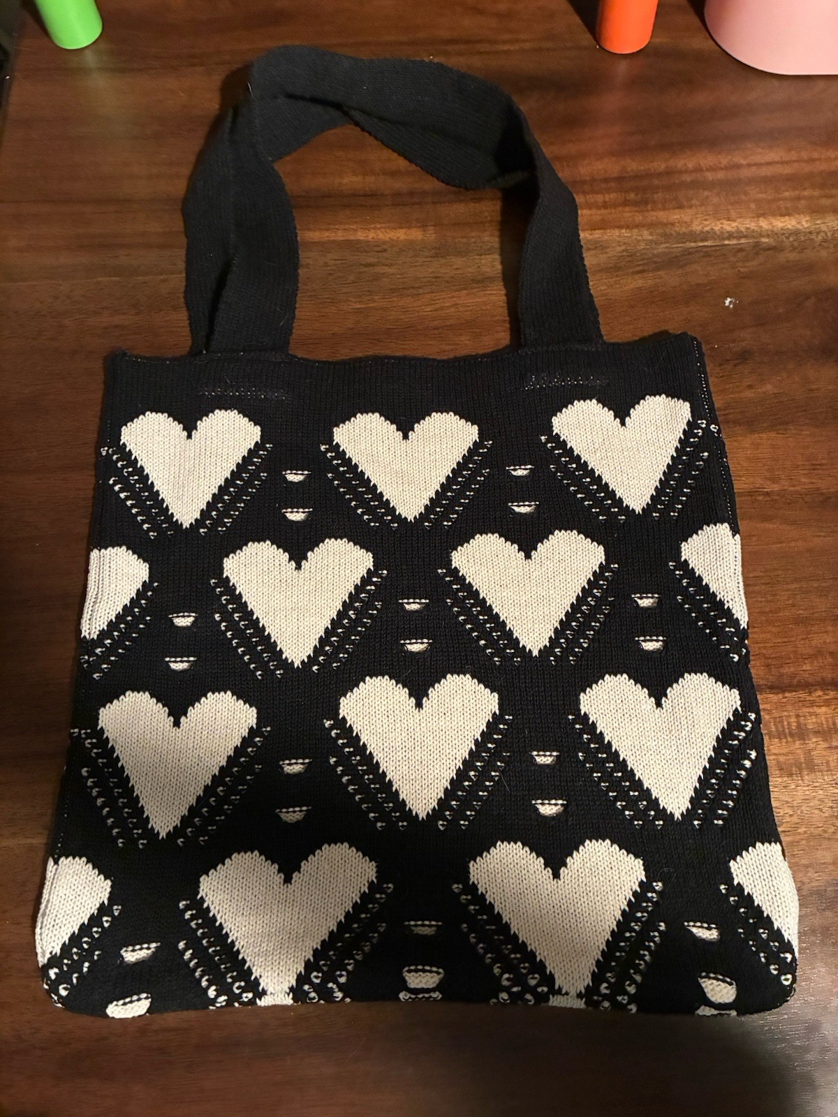 Black And White With Hearts Crochet Tote Shoulder Bag New Without Tags