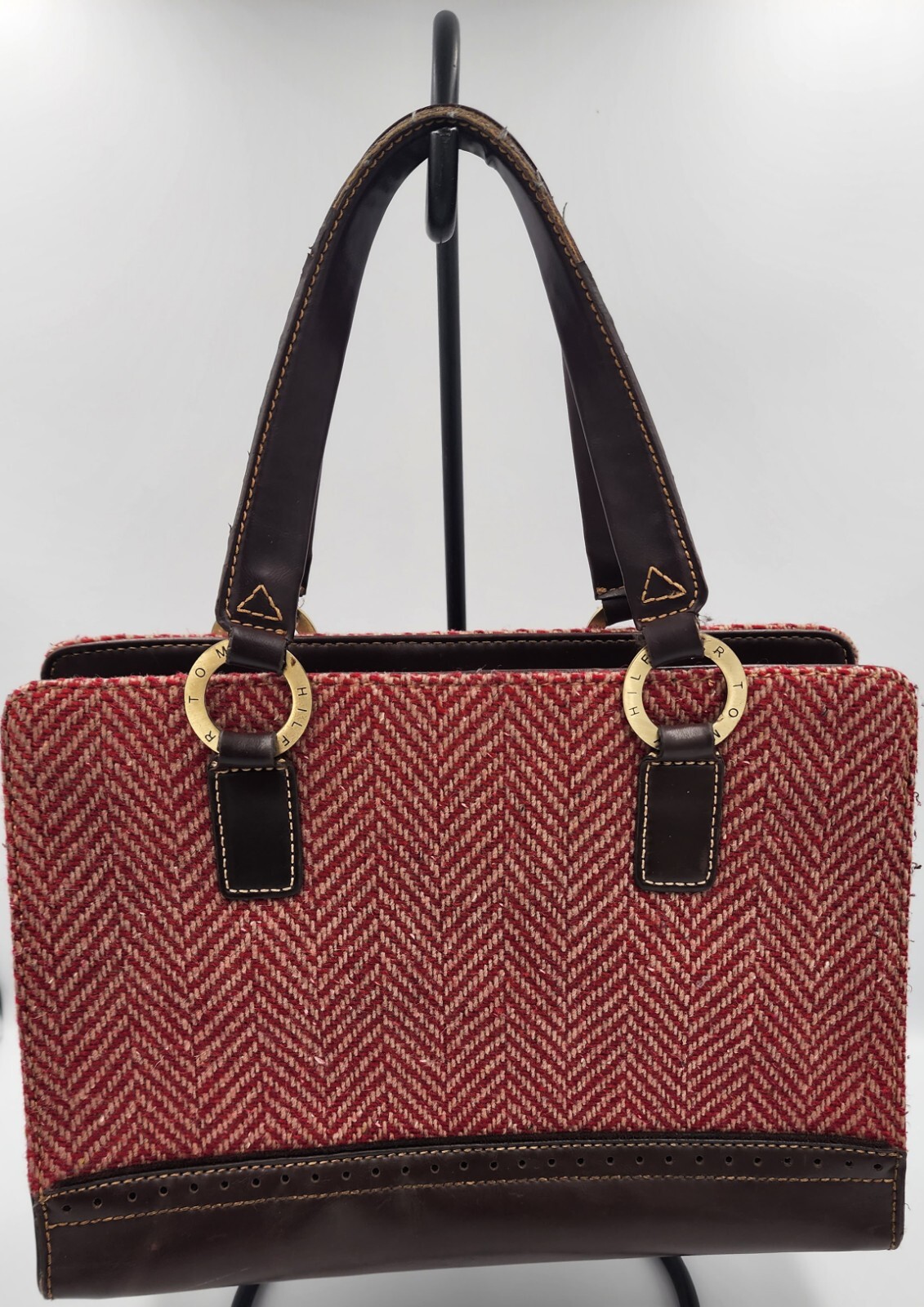 Tommy Hilfiger Purse Woven Red/Beige Twead Brown Faux Leather 11″ X 8″ X 5″ EUC