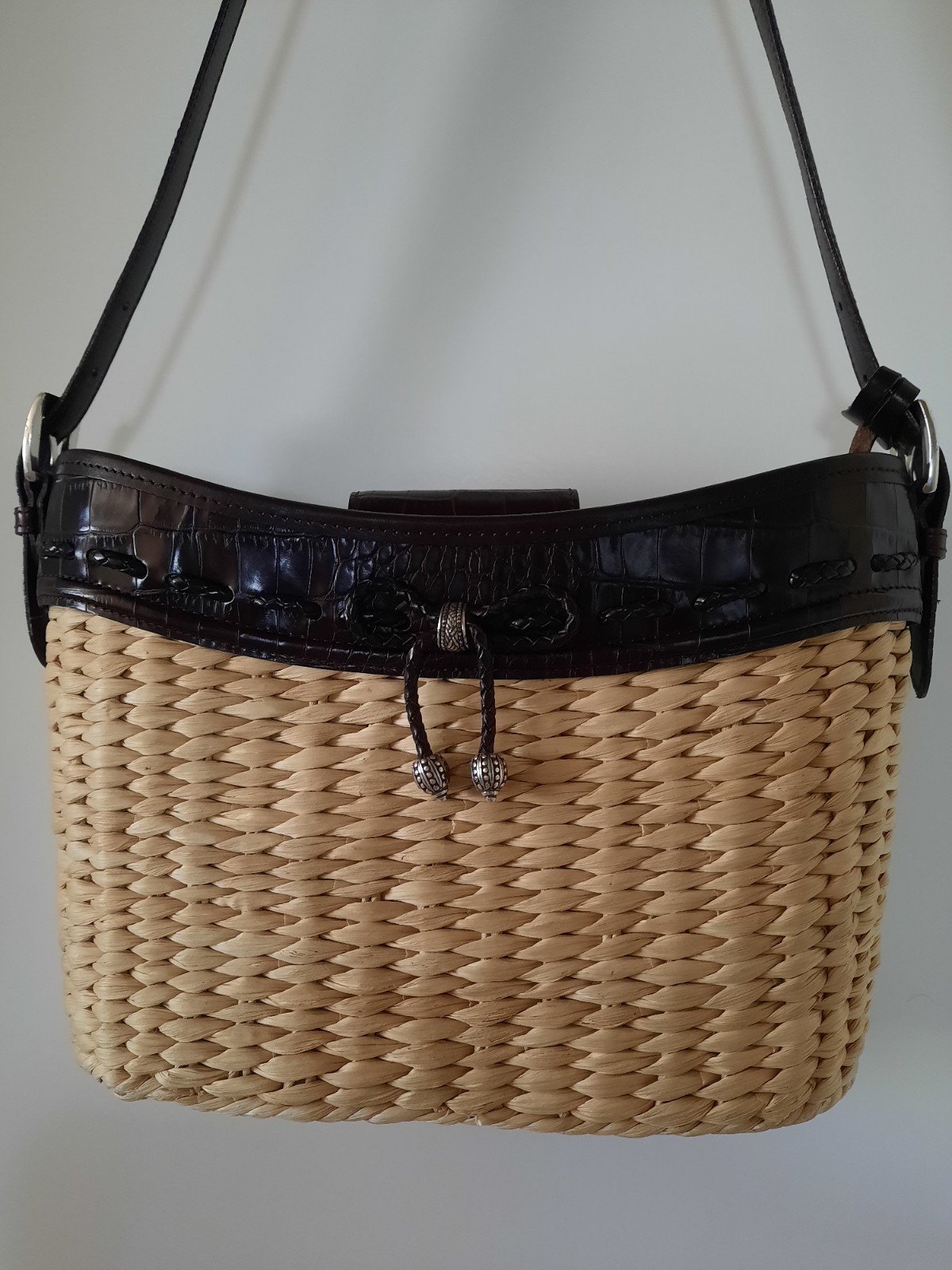 Brighton Vintage Woven Handbag Wicker Straw Basket Leather Purse Paisley Y2K