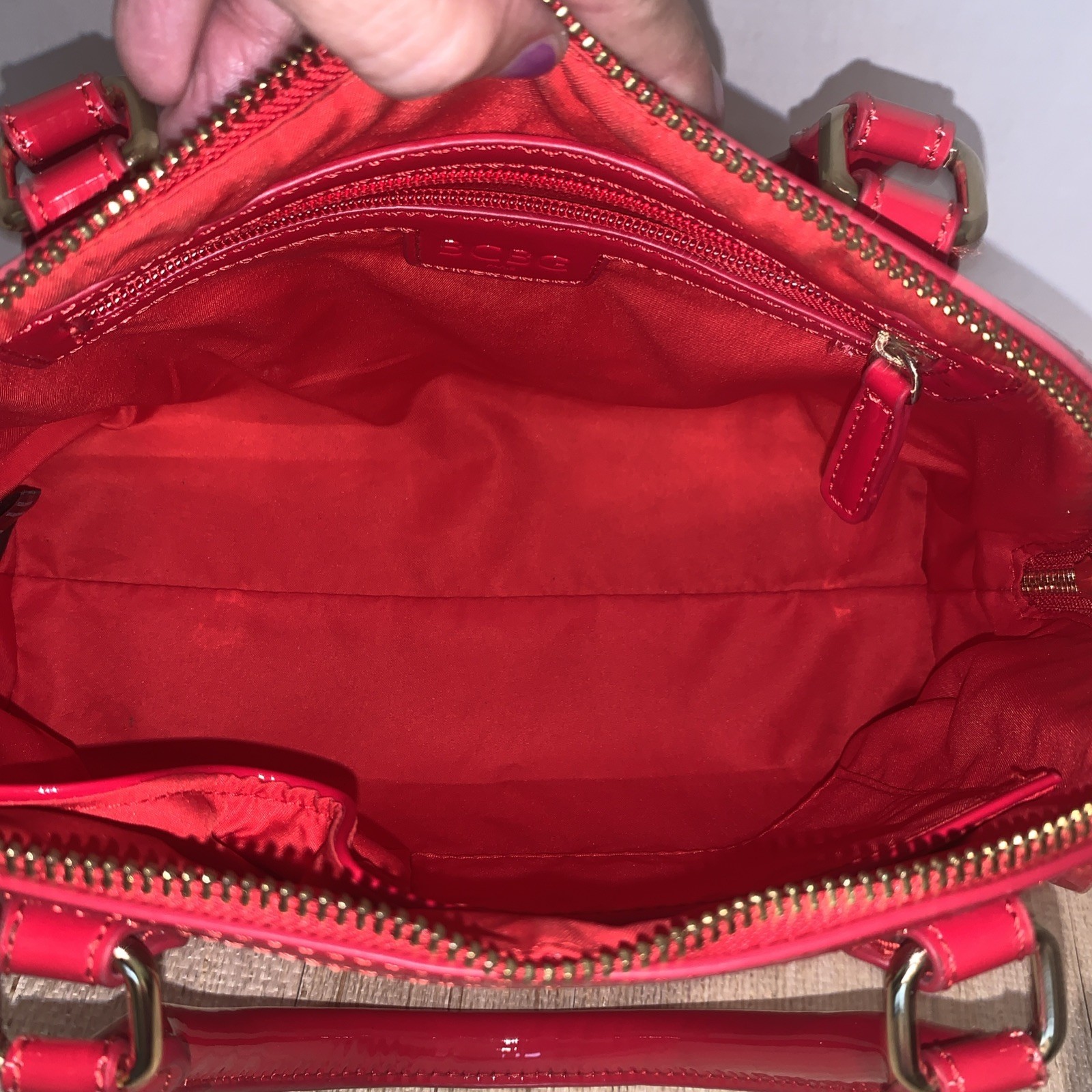 BCBG Red Patent Faux Leather Dome W/ Gold Hardware Handles Satchel Preppy