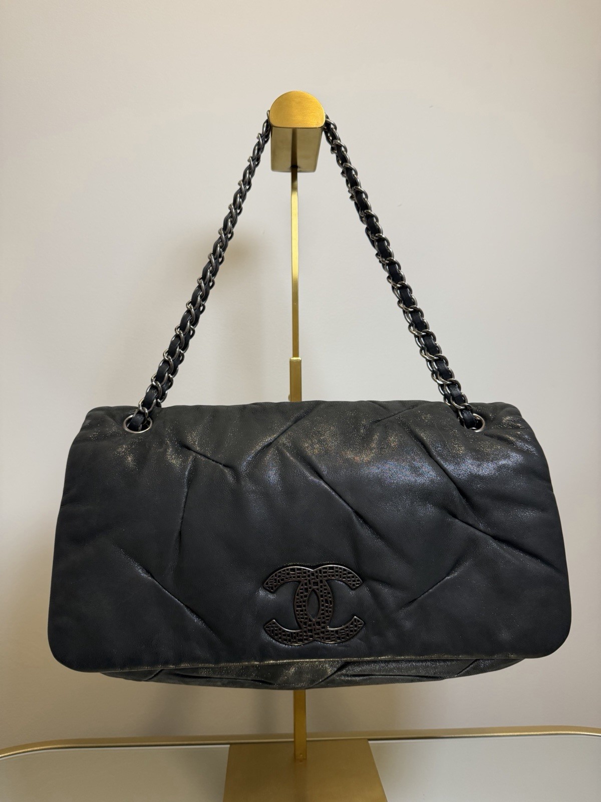 CHANEL Glint Flap Bag Dark Gray Iridescent Calfskin East West w/ COA