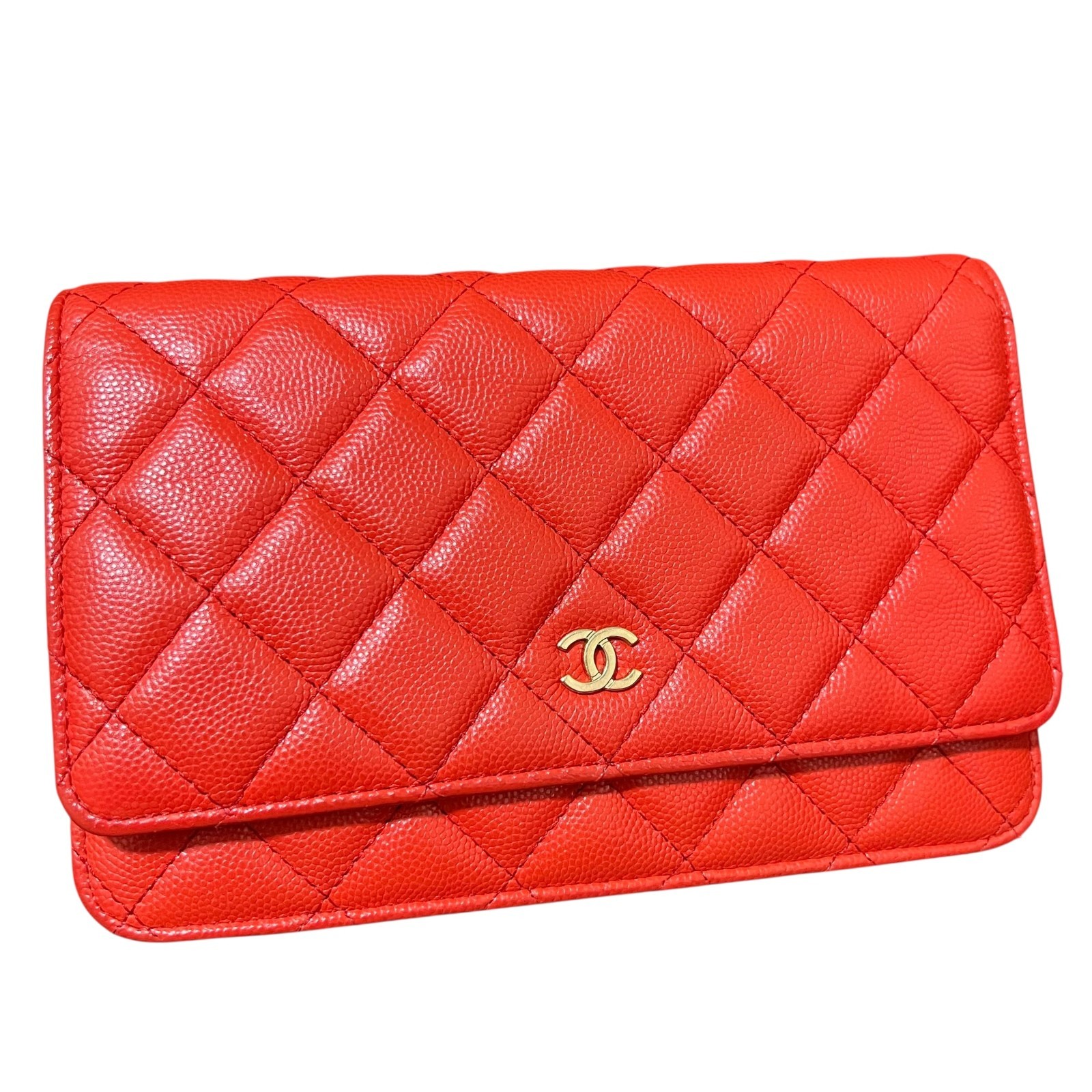 CHANEL WOC Caviar Quilted Red Wallet on Chain Crossbody Bag Authentic