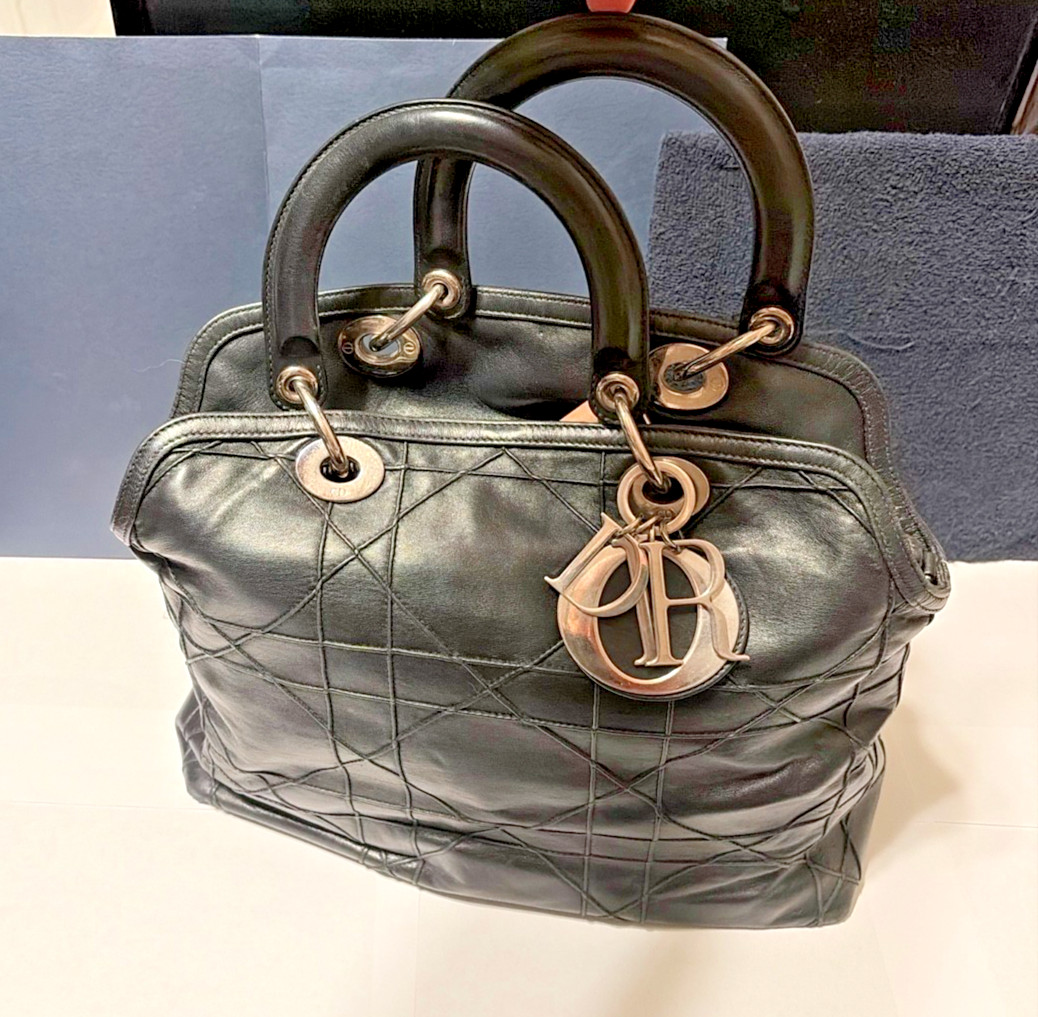 Christian Dior Black Cannage Leather Tote Bag Silver Dior Charms Italy